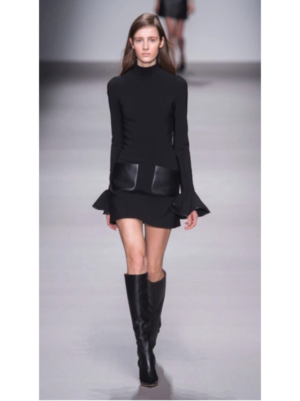David Koma Black Wool Bell Sleeve Cutout Leather Pockets Prom Mini Dress Size 8